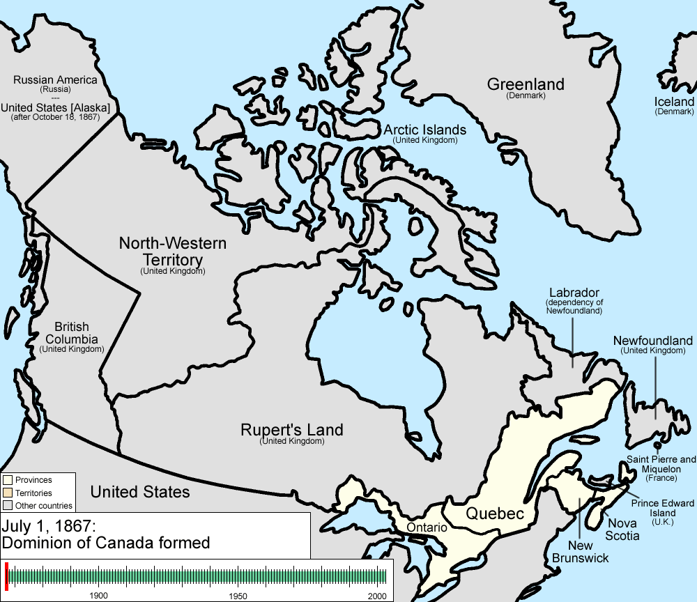 Map showing changing boundaries of Canada